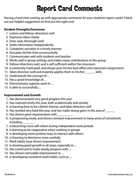 kindergarten report card comments pdf